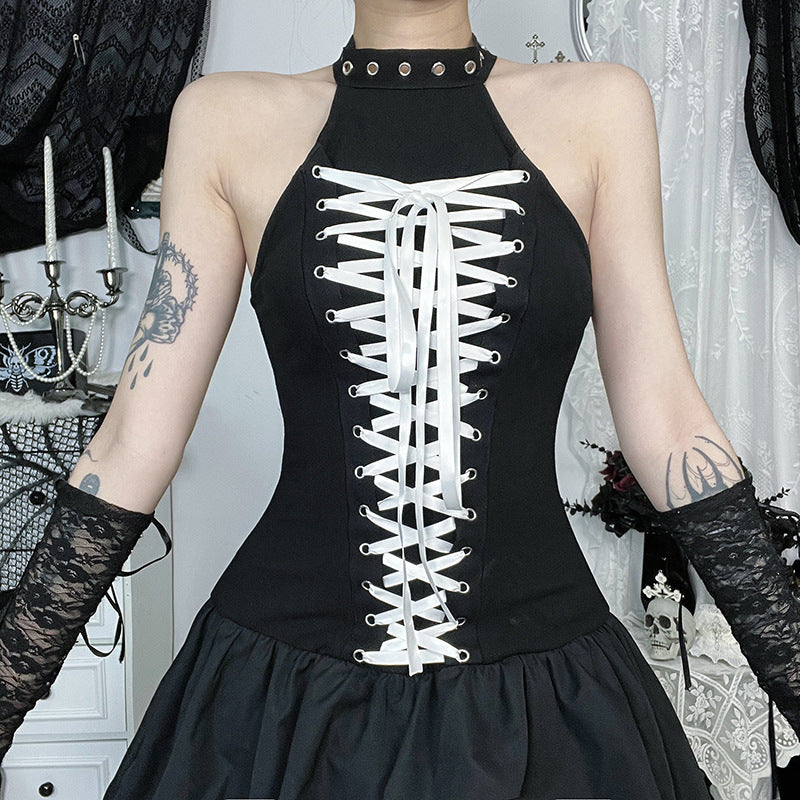Black Goth Style Halter Neck Tie Back Mini Dress