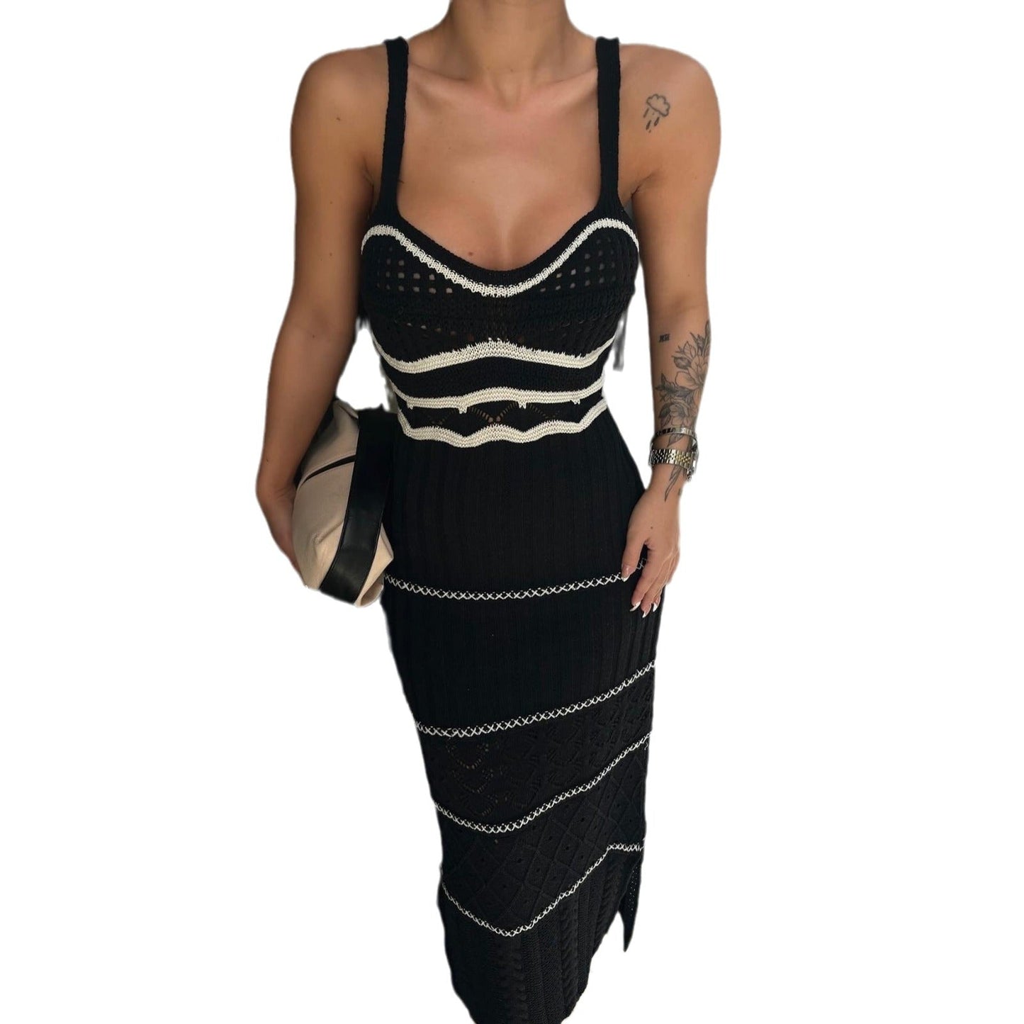 Minimalist V-Neck Sleeveless Split Knit Maxi Dress