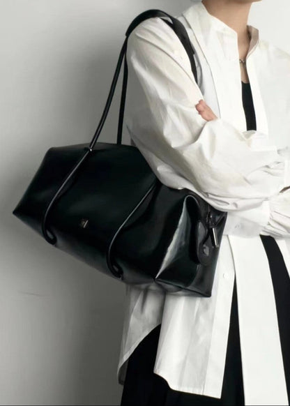 Large Shoulder Tote Bag Durable Black Leather