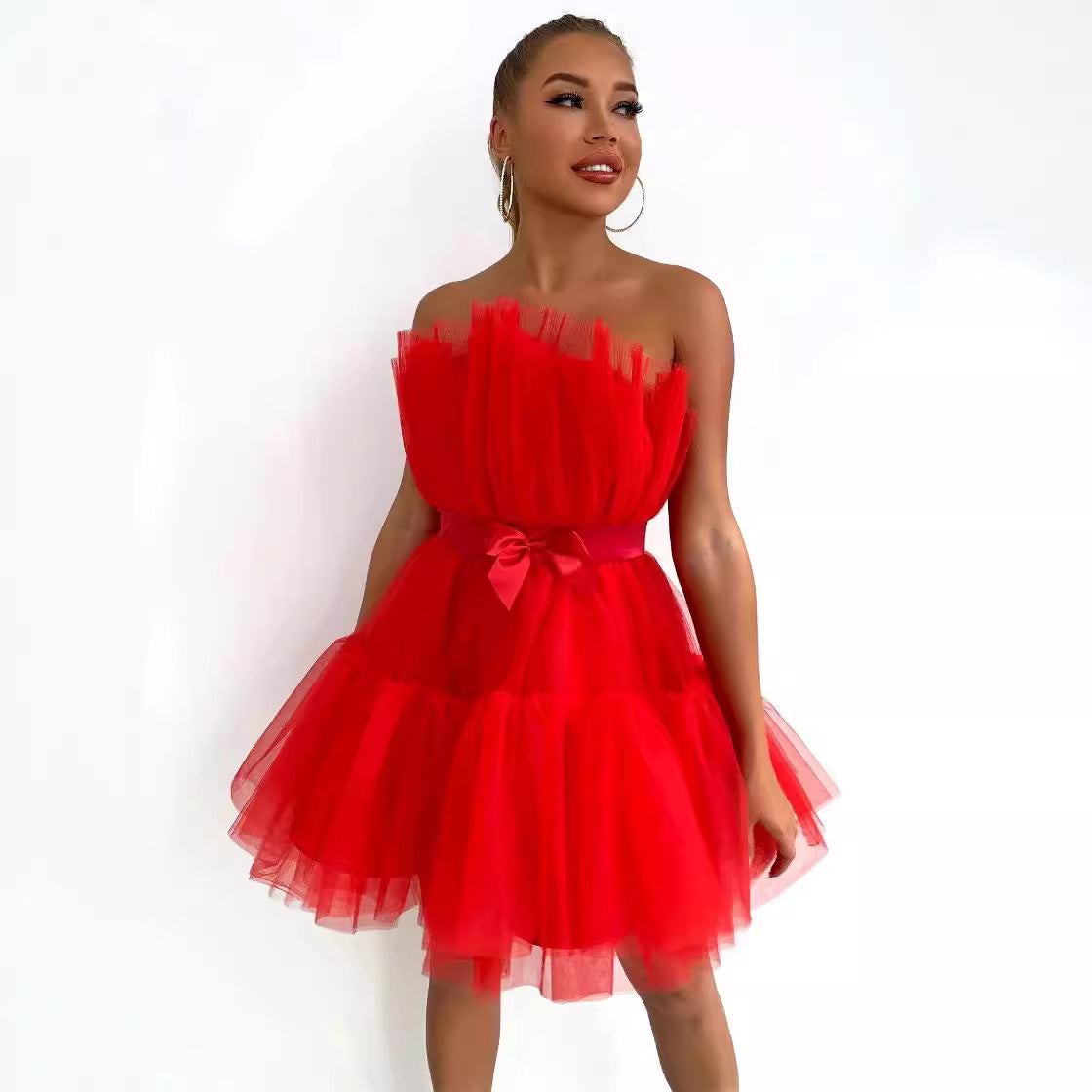 Strapless Tulle Bow Dress Elegant Flare Cocktail Dress