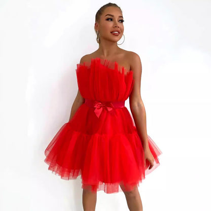Strapless Tulle Bow Dress Elegant Flare Cocktail Dress