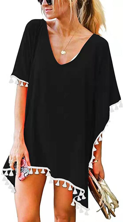 Crewneck Chiffon Fringed Dress Loose Fit Beach Blouse