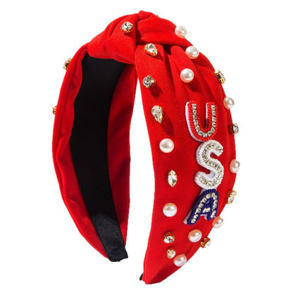 USA Flag Headband with Rhinestones and Pearls