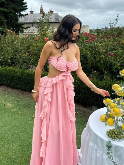 Elegant Ruffled Strapless Chiffon Maxi Dress
