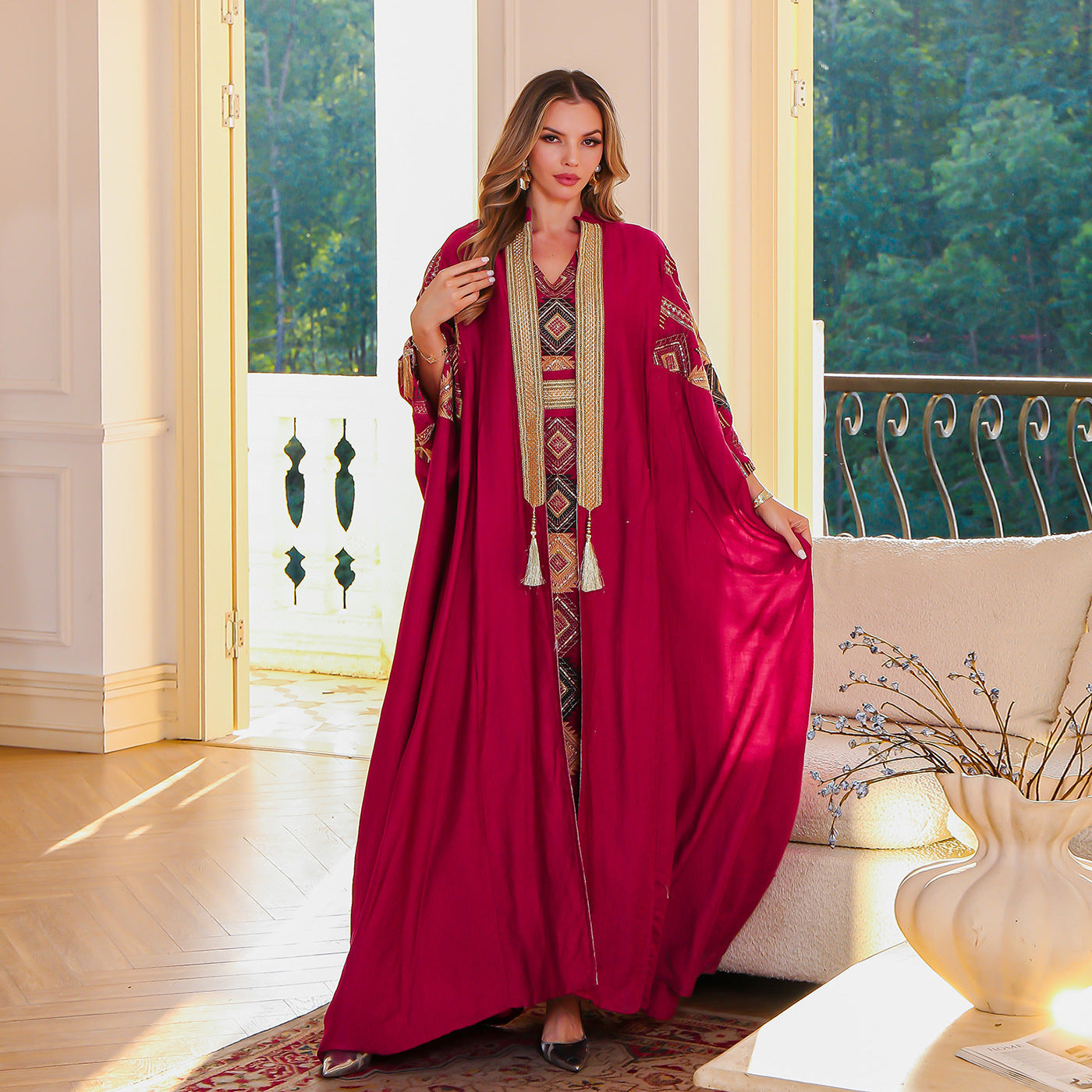 Embroidered Muslim Abaya Dress Set with Elegant Long Robe