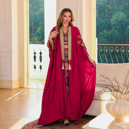 Embroidered Muslim Abaya Dress Set with Elegant Long Robe