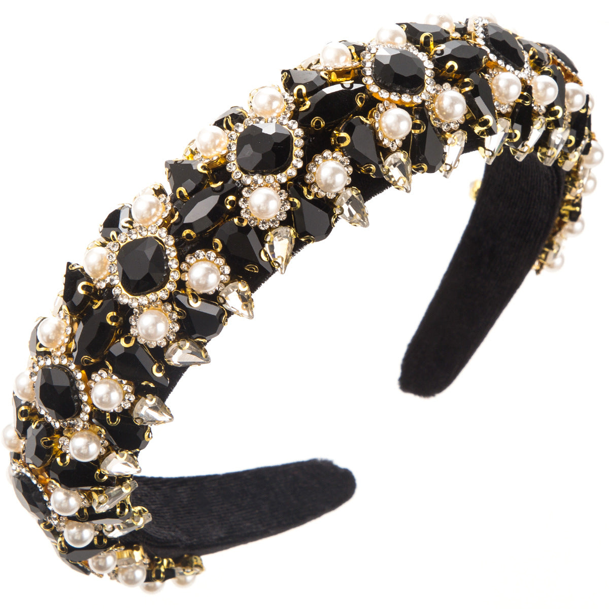Vintage Baroque Style Velvet Headband for Women with Rhinestones and Pearls