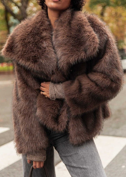 Faux Fur Jacket Plush Texture Dark Brown