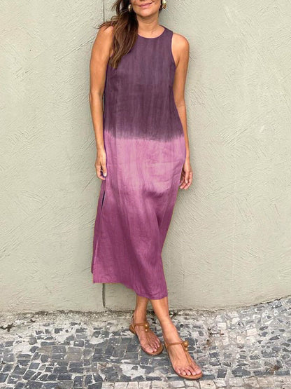 Women'S Clothing Europe And The United States Summer Women'S Casual Cotton And Linen Sleeveless Slit Gradual Change Dress