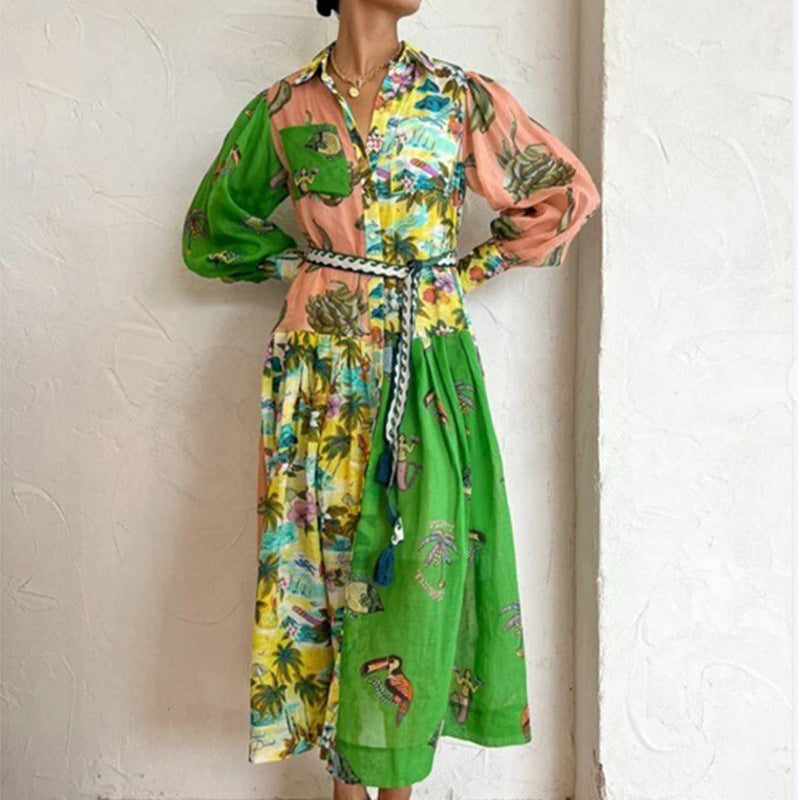Elegant Floral Print Lantern Sleeve Maxi Dress