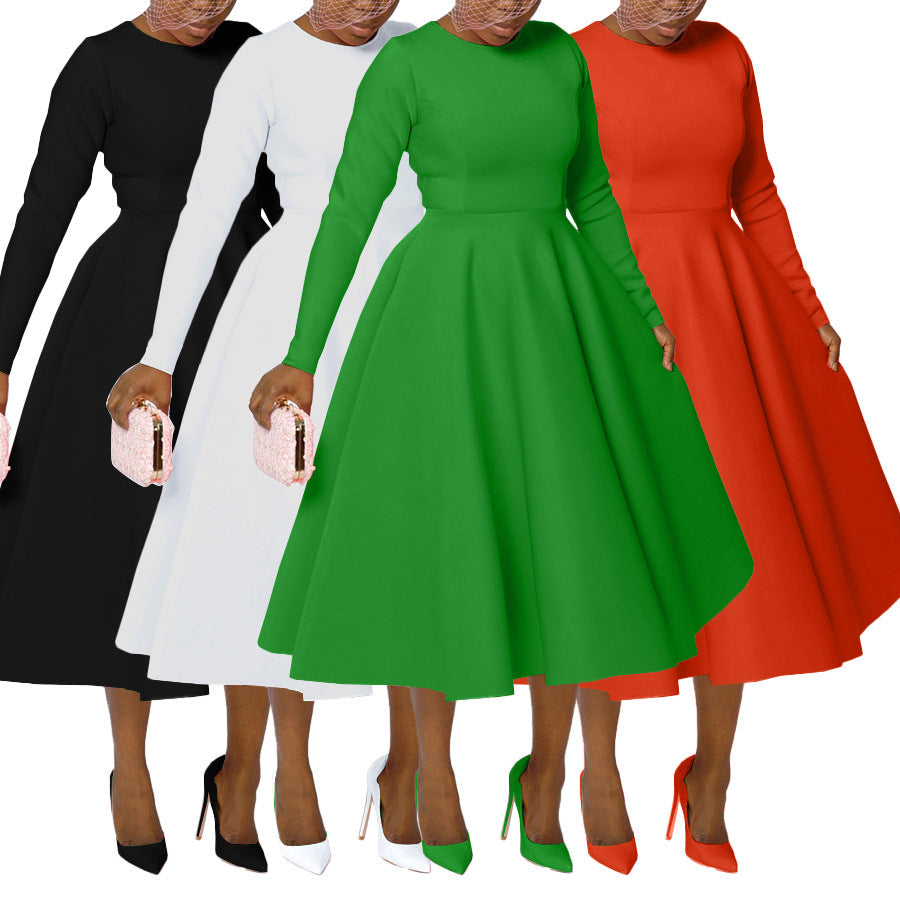 Elegant Solid Color A-Line Dress With Long Sleeves