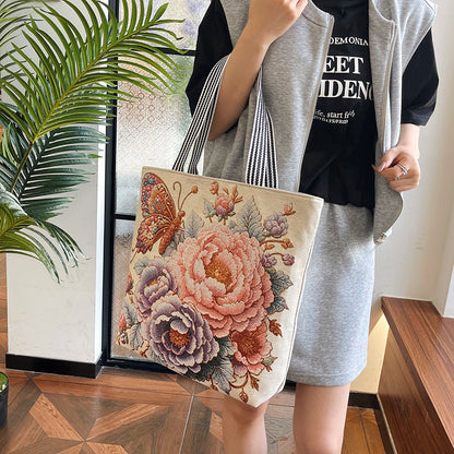 Embroidered Canvas Tote Bag with Floral Patterns