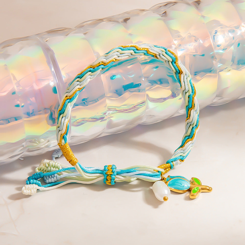 Colorful Hand-Woven Tassel Bracelet with 18K Gold Shell Pendant