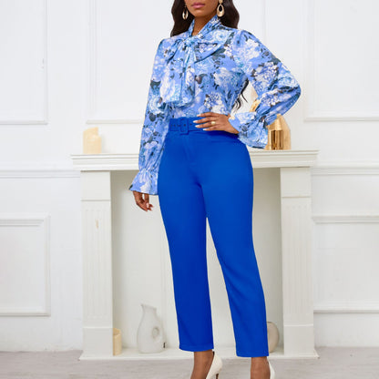 Fashion Floral Long Sleeve Top And High Waist Pants Set