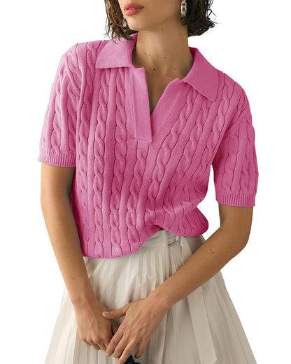 Lapel V-Neck Twist Short Sleeves Knit Tops