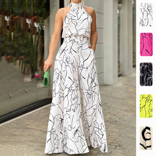 Trendy Floral Print Jumpsuit Stylish Casual High-Waisted Wide-Leg Pants