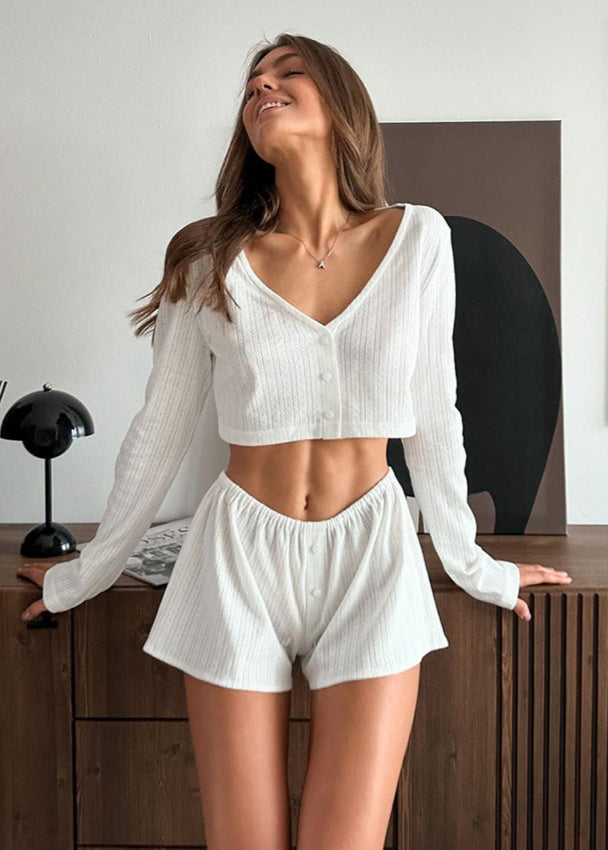 Ribbed Cotton Lounge Set Cropped Button Up