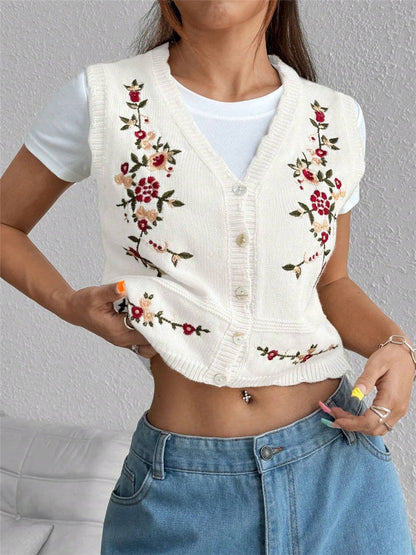 Floral Embroidery V-Neck Knit Sweater Vest