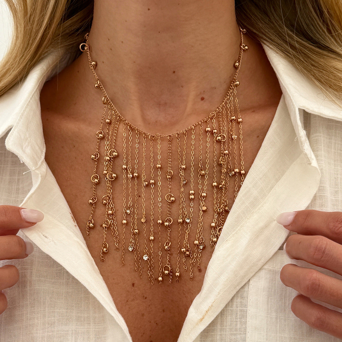 Geometric Tassel Necklace With Rhinestones