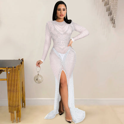 Hot Drill Women'S Mesh See-Through Long-Sleeved Slit Dress Women