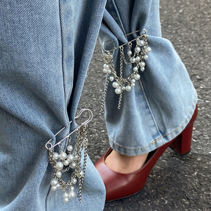 Trendy Faux Pearl Tassel Ankle Bracelet Decorative Brooch