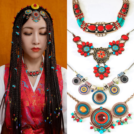 Hair Ornament Headwear Alloy Tibetan Necklace Ethnic Style Fresh Gold-Plated Oil Drop Color Glaze Set Pendant Silver Gold Red Green