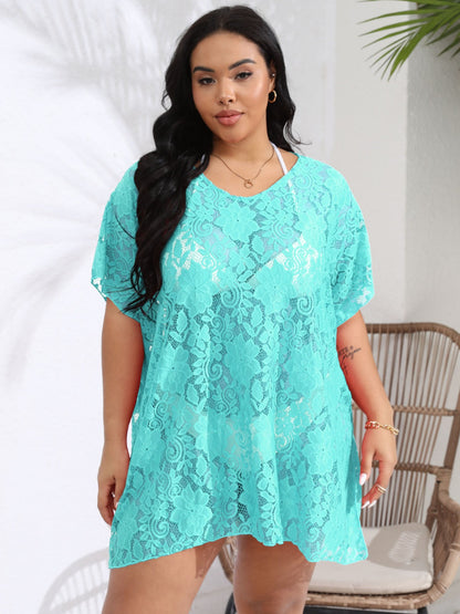 Plus Size Sheer Lace V-Neck Split Beach Cover-Up Dress