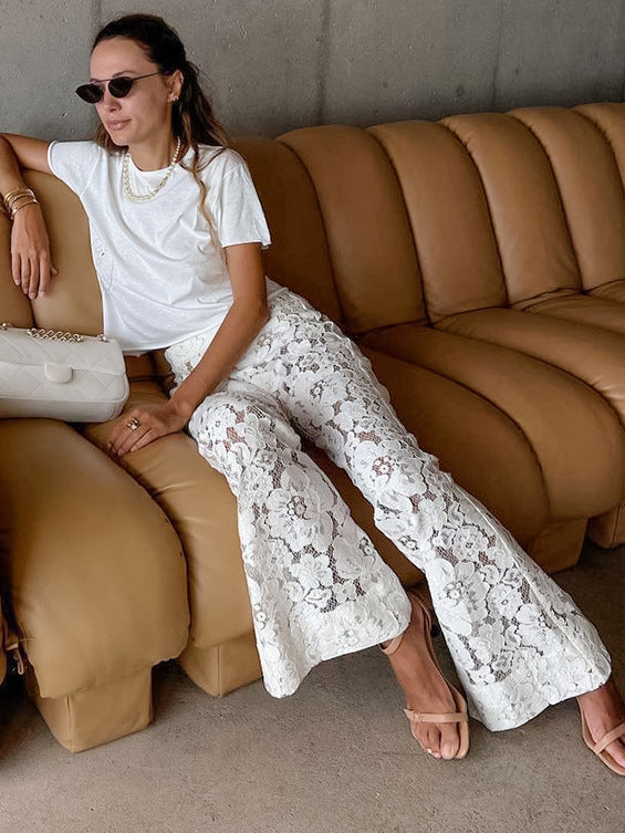 Floral Lace Bell Bottom Pants Casual High-Waisted Trousers