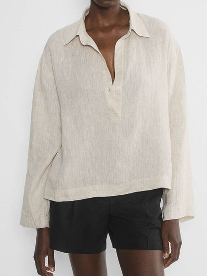 Long Sleeve Polo Collar Shirt Elegant Linen Blouse