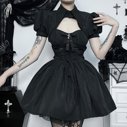 Summer New V-Neck Puff Sleeve Polo Top And A-Line Dress Set