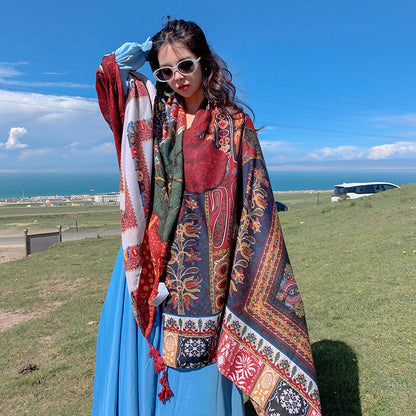 Retro Ethnic Style Scarf Grassland Sunscreen Shawl Women'S Summer Thin Scarf Beach Scarf