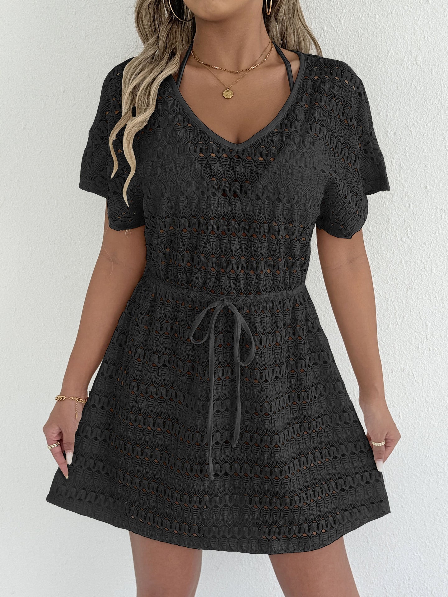 Women'S Sexy Sheer Lace Cover-Up Dress With Bow Tie