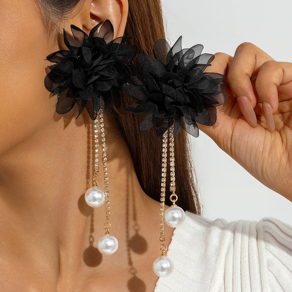 Exaggerated Flower Tassel Earrings With Faux Pearl For Women