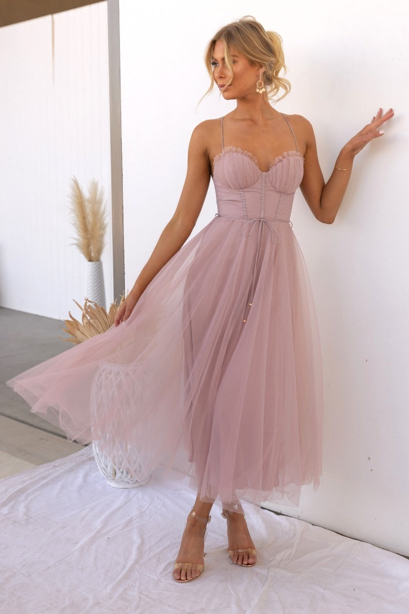 Sleeveless Mesh Midi Dress Elegant Party Wear