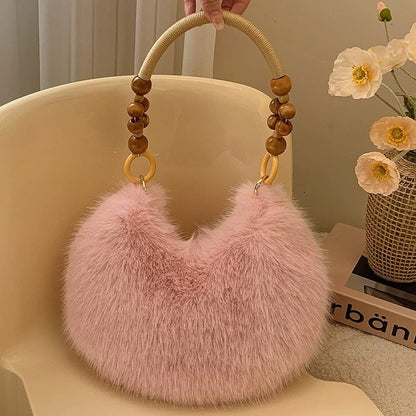 Winter Solid Soft Fluffy Underarm Handbag