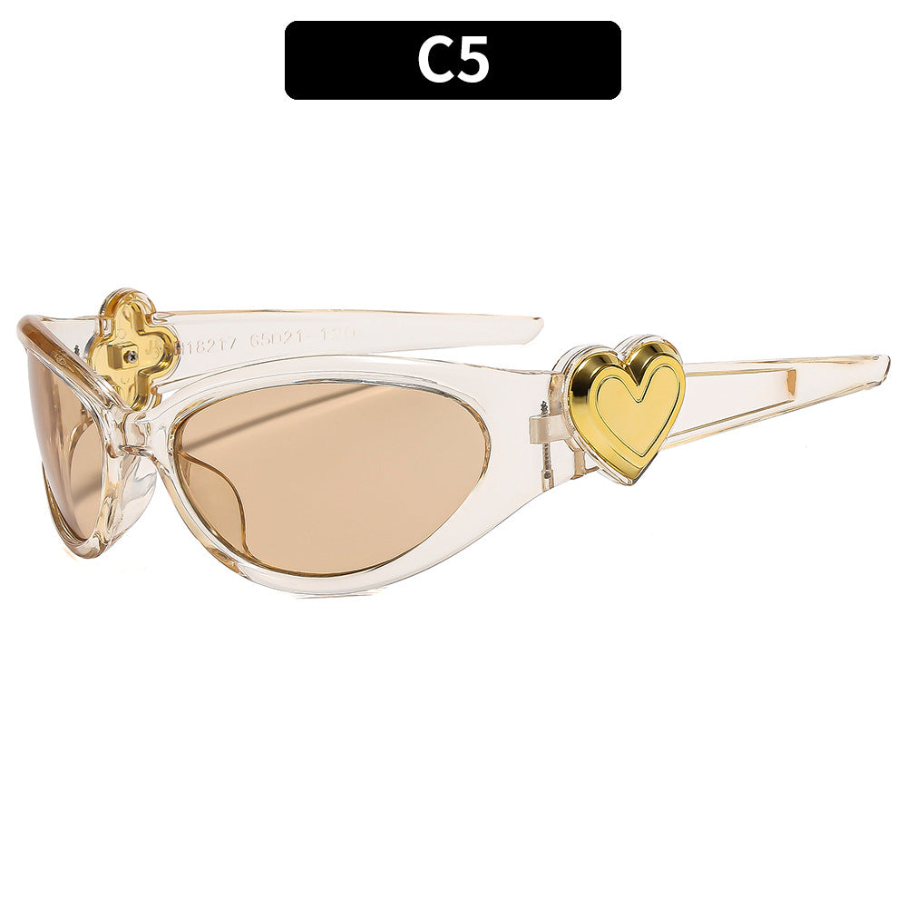 Trendy Oval Frame Sunglasses with Pink Heart Decoration