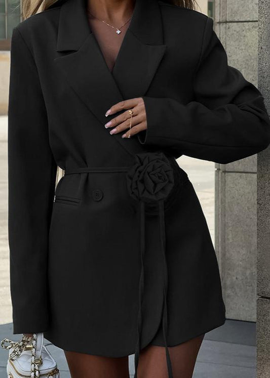 Belted Wool Blend Blazer With Floral Accent