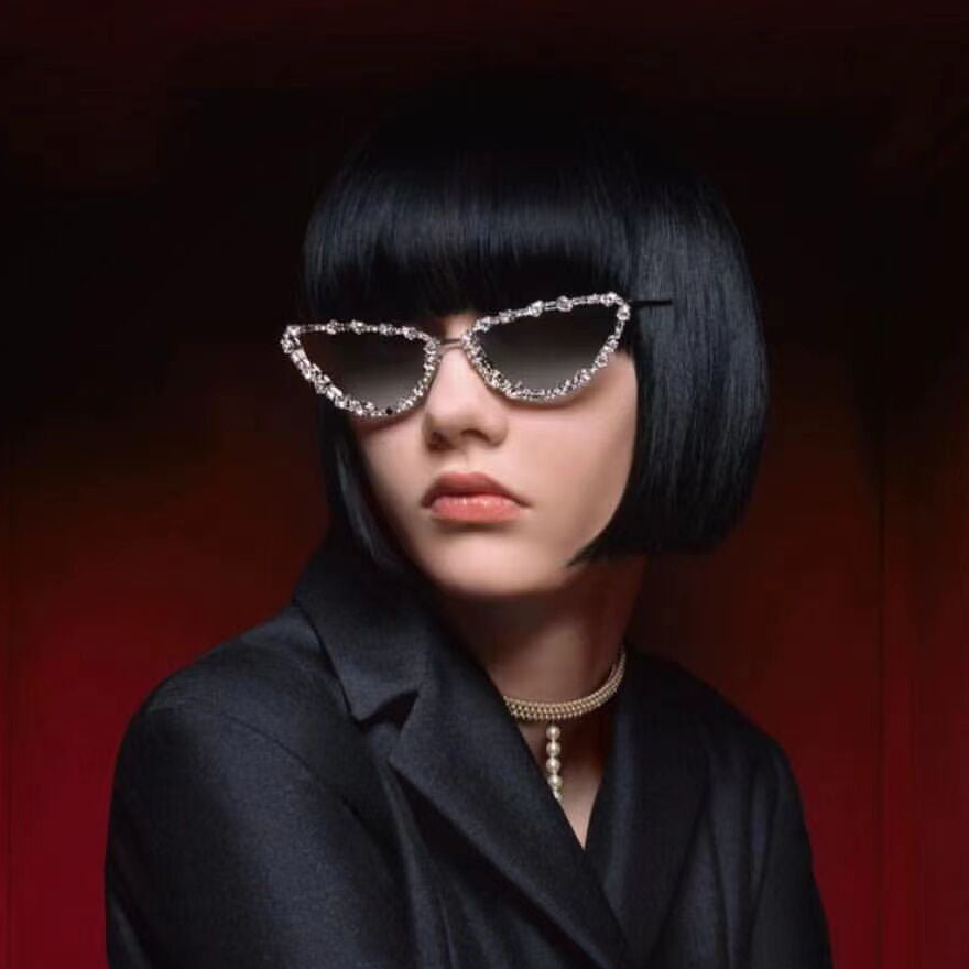 Cateye Sunglasses with Rhinestones Stylish Metal Frame Party Glasses