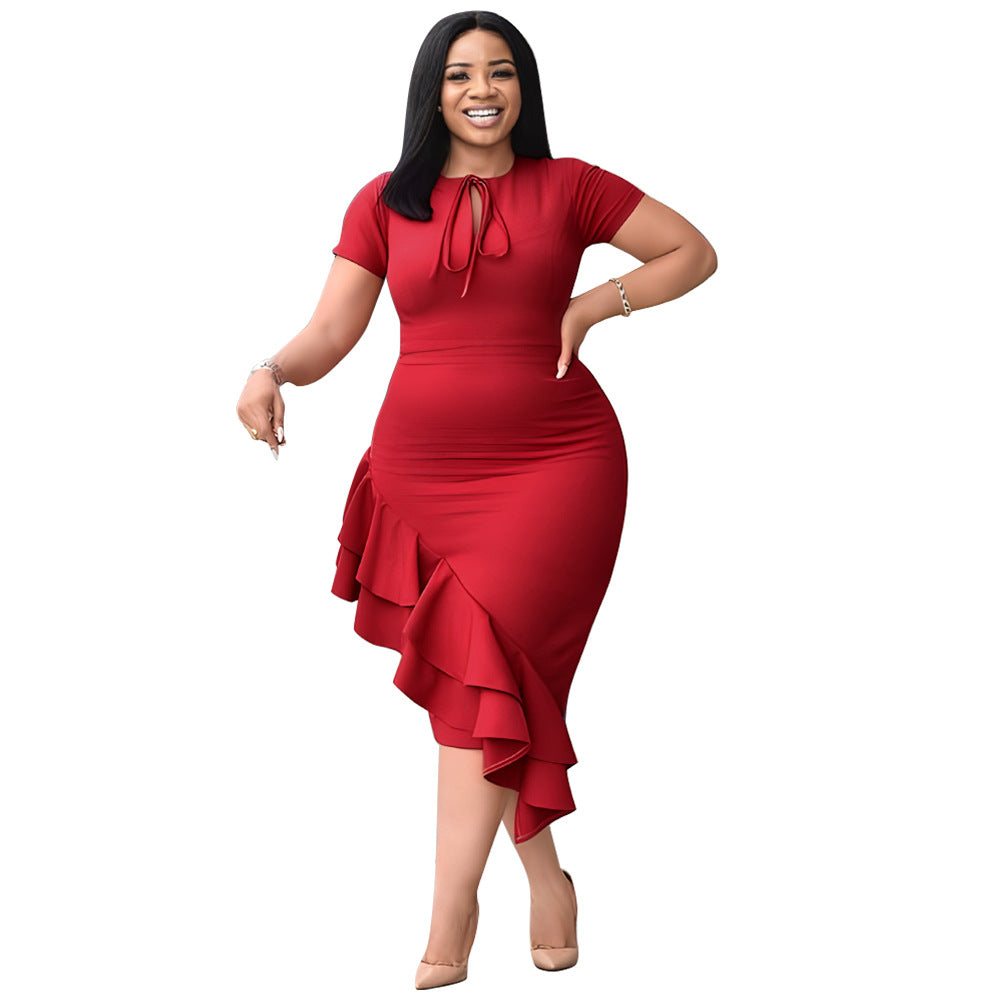 Trendy Plus Size Casual Dress With Ruffle Hem And Tie