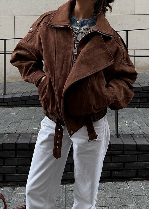 Suede Leather Moto Bomber Jacket Brown