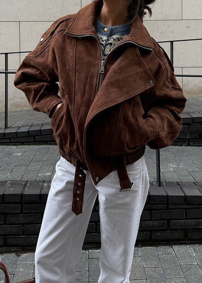 Suede Leather Moto Bomber Jacket Brown