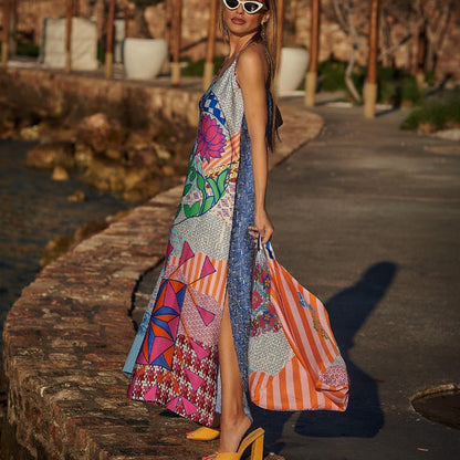 Hot Selling New Print V-Neck Strap Dress Seaside Beach Skirt