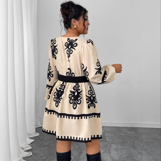 Elegant High Waist Long Sleeve Dress with Floral Print