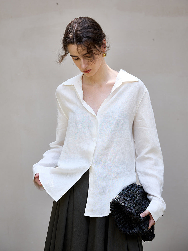 High-Quality Linen Long Sleeve V-Neck Blouse for Women
