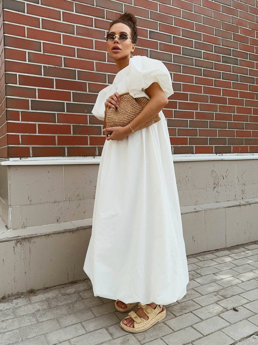 Cotton Puff Sleeve A-Line Dress Casual Solid Color