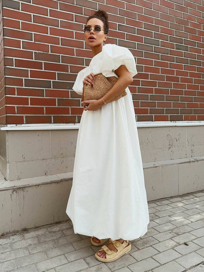 Cotton Puff Sleeve A-Line Dress Casual Solid Color