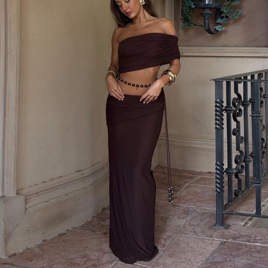 Sexy Crop Top And Bodycon Skirt Set With Ruching
