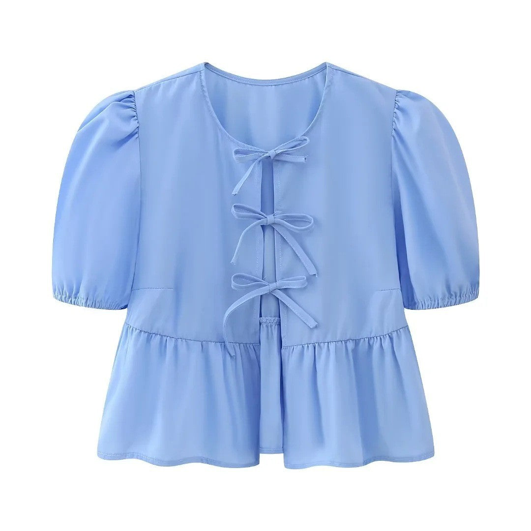 Cute Tie Front Round Neck Pullover Top