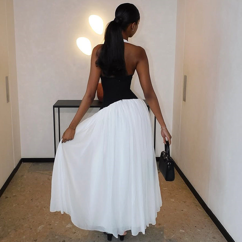 Black And White Halter Neck A-Line Dress With Deep V Neck