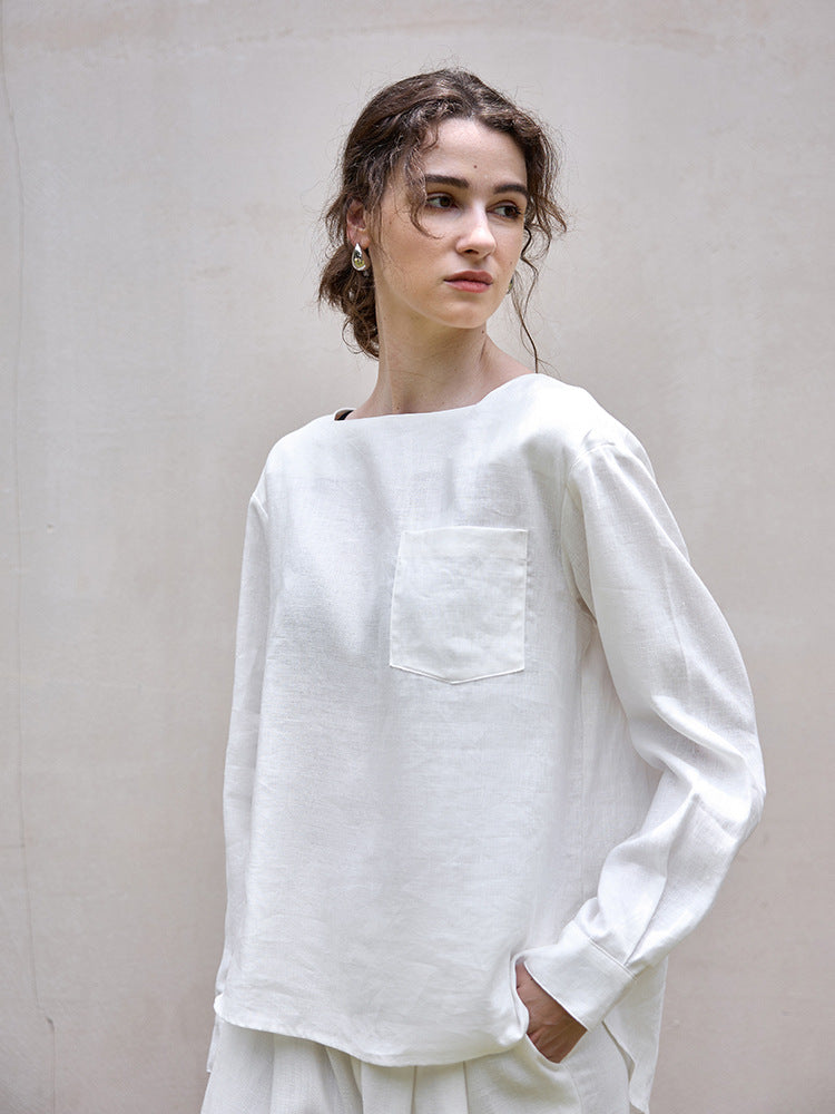 Loose Fit One-Shoulder Long Sleeve Linen Top for Women